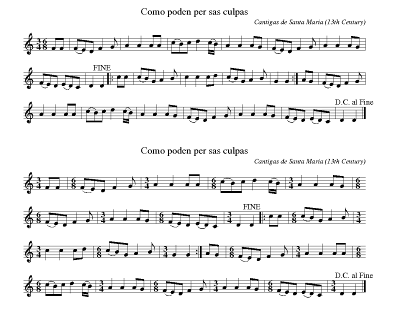 Two versions of a 13th Century tune, one with a dual time signature (6/8, 3/4) at the start, the otherwith an explicit time signature change at the start ofeach measure and courtesy time signatures at the endsof lines