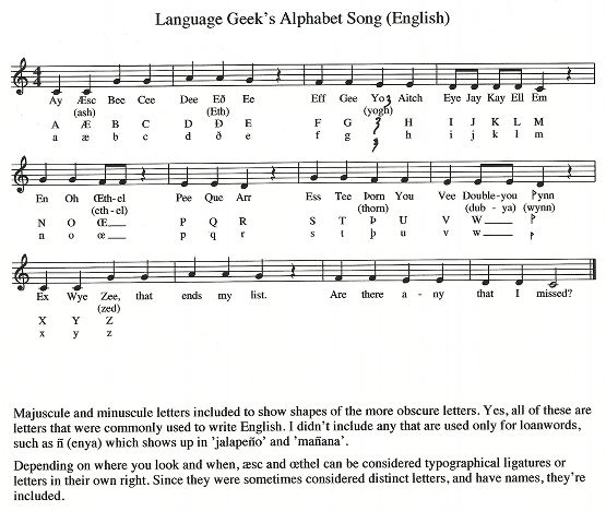 The Alphabet Song -- for English -- rewritten for anachronists and language geeks. A version of the Alphabet Song with the letters aesc, eth,yogh, thorn, oethel, and wynn stuck back in, and the last linerewritten to fit the reduced amount of space left over.