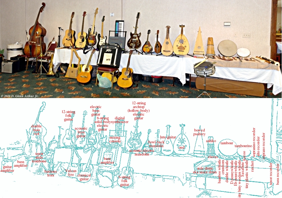 long rowof musical instruments; photo above, identification key below